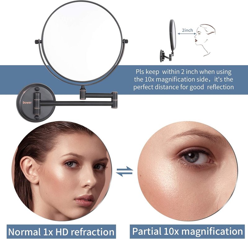 Wall Mounted Magnifying Makeup Mirror - 10x Magnification, Oil Rubbed Bronze | 8-Inch Double-Sided Swivel, 12-Inch Extension