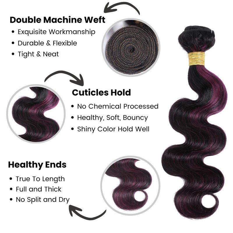 ALHER Black Mix Purple Highlight Bundle Human Hair Body Wave, 12A Soft Thick Single Bundle Wavy Human Hair, 100% Remy Hair Midnight Purple Dark Burgundy Highlight Two Tone Color (#1B/Purple, 16 Inch)