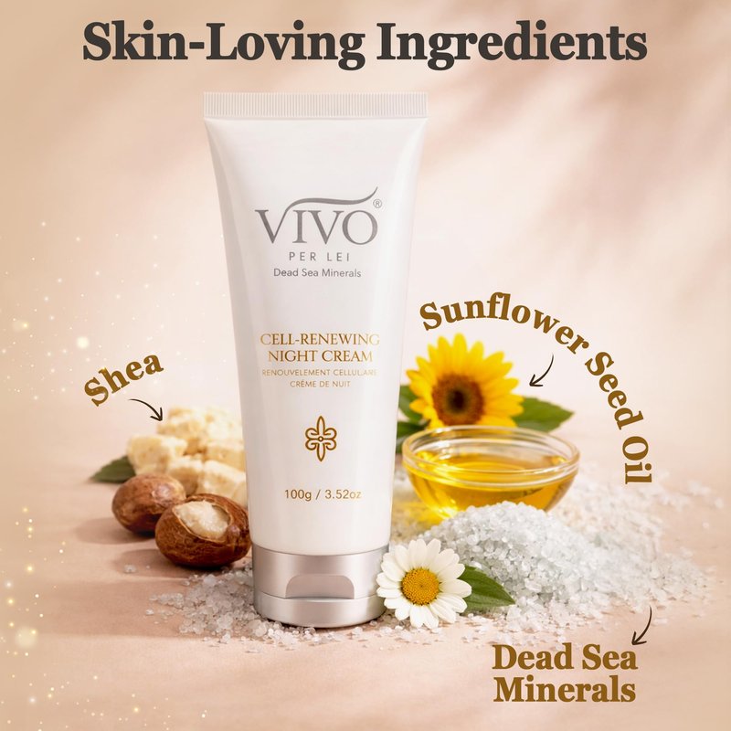 Vivo Per Lei Dead Sea Night Cream - Hydrating, Moisturizing - Anti Aging Face Moisturizer - Non Greasy - Wrinkle Cream for Women - Overnight Facial Cream with Shea Butter - 3.52 Oz - Pack of 2