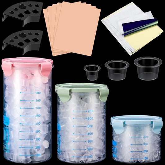 Jingmore 1015 Pcs Tattoo Skin Practice Kit Included 1000 Tattoo Ink Caps 3 Storage Containers 2 Ink Cup Holders 5 Practice Skins 3mm 5 Paper Transfer for Tattoos Supplies