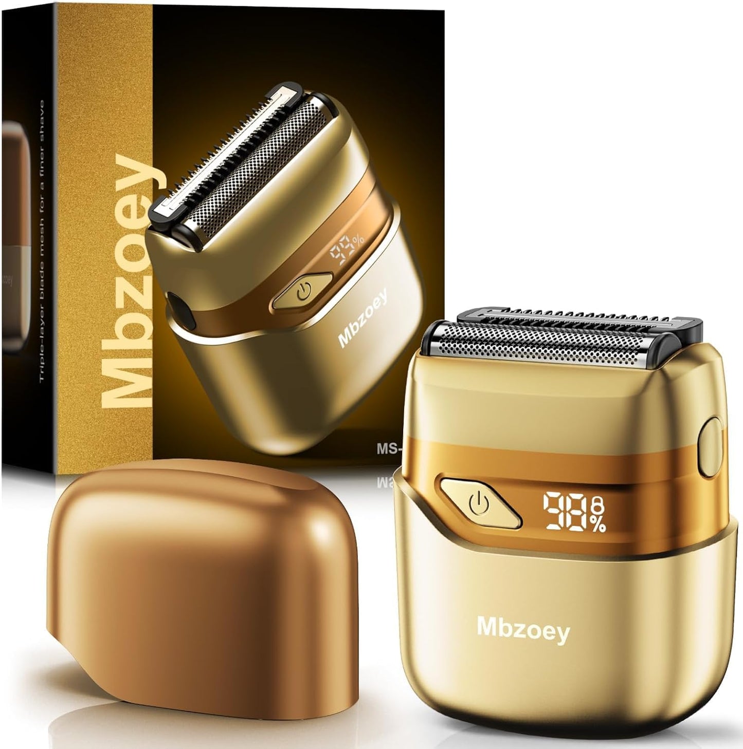 Electric Foil Shavers for Men, Mini Electric Razor, Compact Face Shaver, IPX7 Waterproof Wet Dry Cordless Razor, LED Display, USB-C, Travel-Friendly, Light Gold，Father's Day Gifts