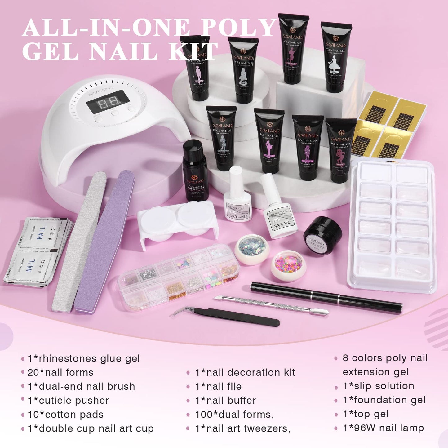 SAVILAND Poly Nail Gel Kit-8 Colors Poly Nail Extension Gel White Pink Glitter with 96W U V Nail Lamp Slip Solution Nail Tools All in 1 Nail Kits Starter Kit for Nail Salon Home DIY