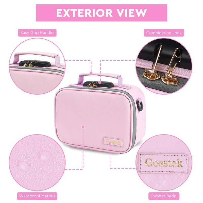 Gosstek Pink Leather Cosmetic Carrier Bag with 10 Accessories, Premium Organizers Box Case with Combination Lock and Great Gift for Women, Childproof Organization Container Pouch 9 X 6 X 4 Inches.
