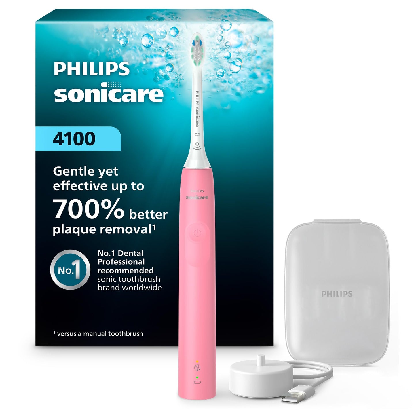 Philips Sonicare 4100 Rechargeable Electric Toothbrush, Advanced Plaque Removal, Pressure Sensor, Includes Brush Head Case, Deep Pink BD5004AZ