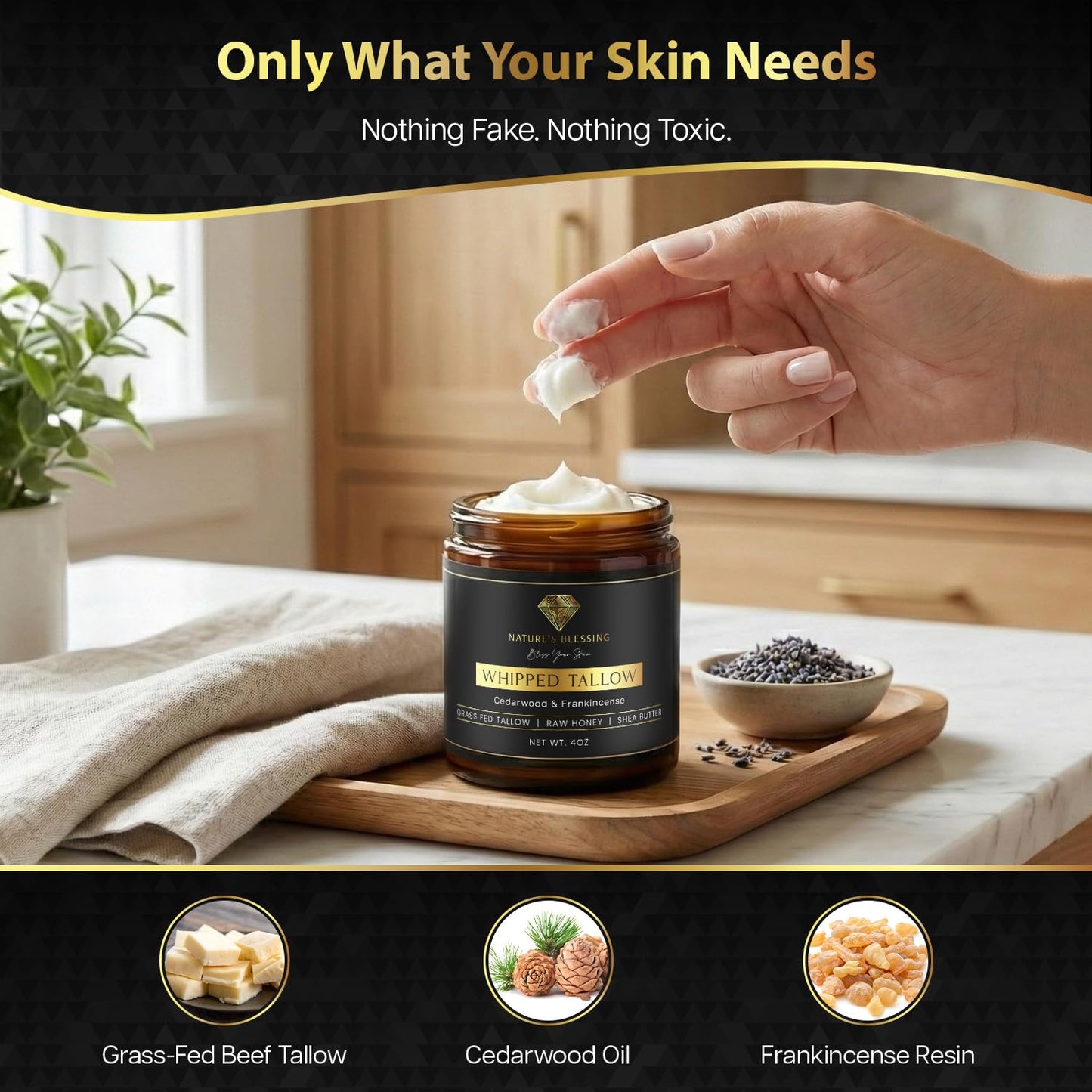 Nature's Blessing Anti-Aging Beef Tallow Cream for Fine Lines & Wrinkles | Collagen Booster Infused w/Organic Honey & Shea Butter | Deep Hydration for Youthful Glow (4oz, Cedarwood & Frankincense)