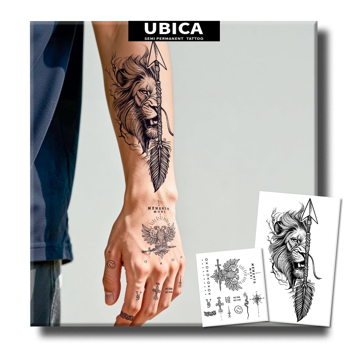 UBICA Semi Permanent Tattoos, 2 Sheets Realistic Large Temporary Tattoos for Men, Fake Tattoo for Arm Hand Fingers, Waterproof No Reflective, Lasts 2 Weeks (Lion Arrow Art & Eagle Sword Designs)