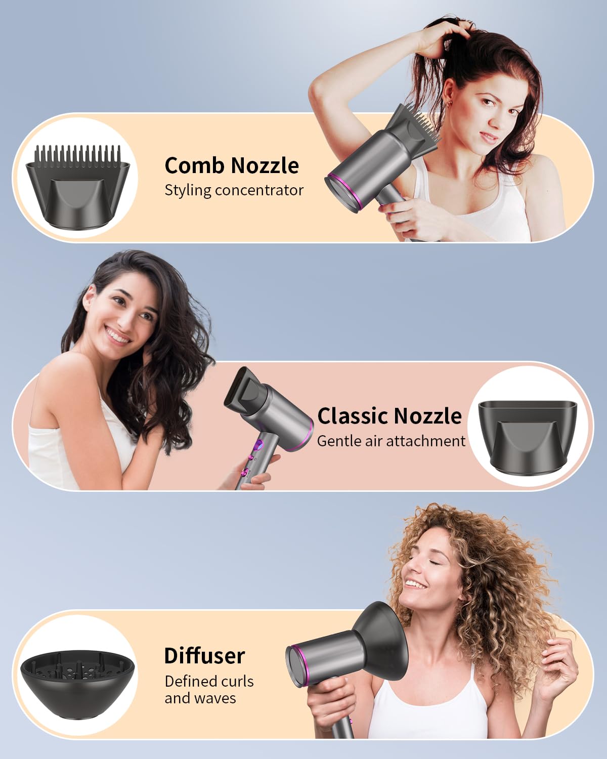 Fast-Drying Ionic Hair Dryer,1875 Watt High-Speed Ionic Blow Dryer with Diffuser/Concentrator/Comb Nozzle,LED Temp Display,Intelligent Temp Control,Low Noise for Home Salon Travel (Silvery)