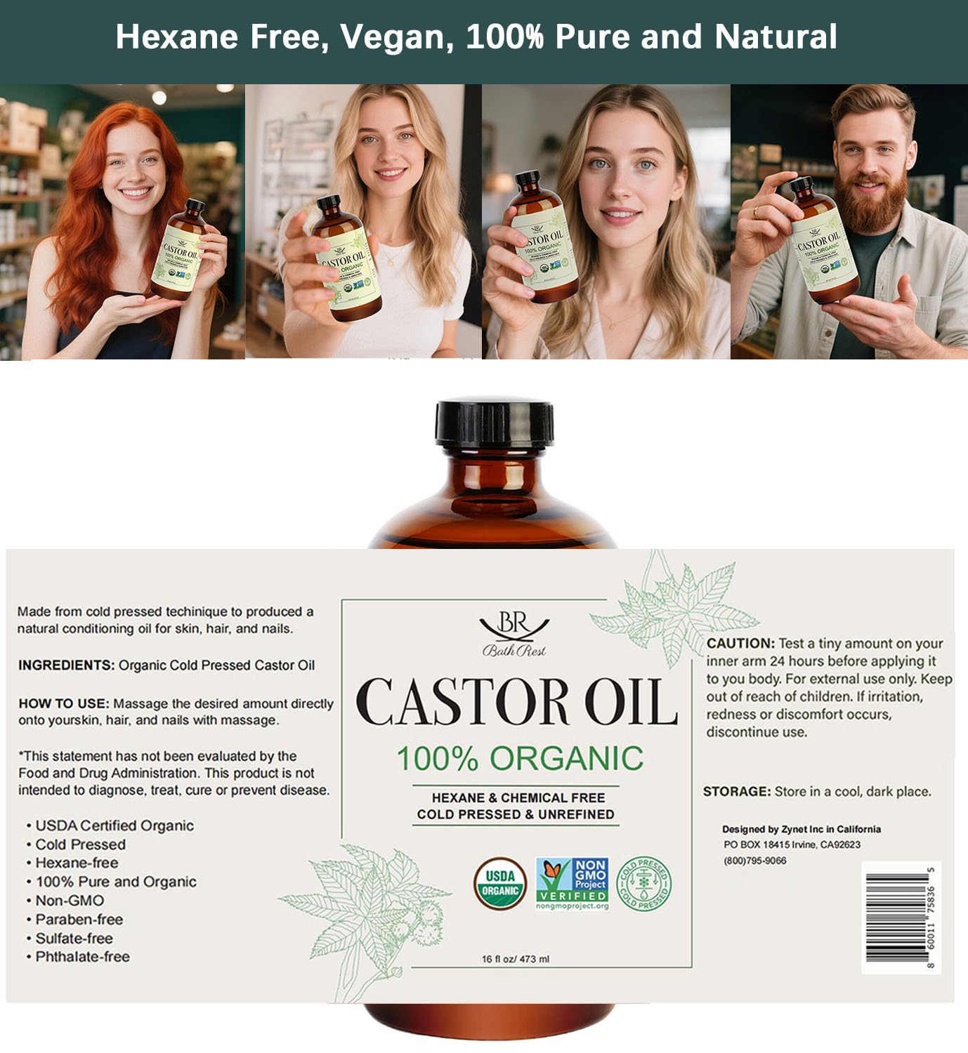 Bathrest Castor Oil Organic Cold Pressed Unrefined Glass Bottle 100% Pure for Hair Growth Eyelashes Brows Castor Oil Packs, Natural Skin Moisturizer, USDA Certified Hexane Free Vegan 16 oz (473ml)
