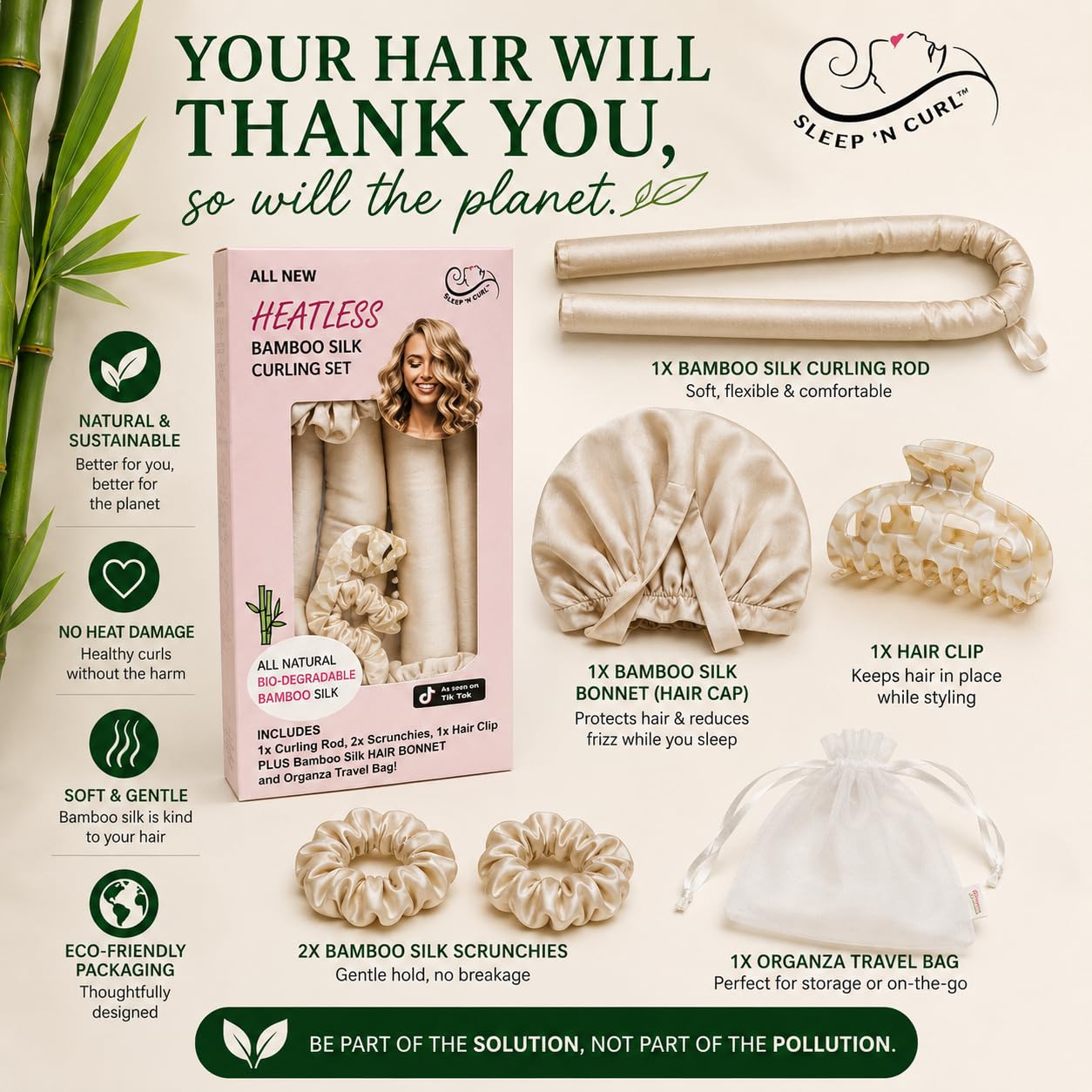 Sleep ‘N Curl Heatless Bamboo Silk Hair Curling Kit with Bonnet