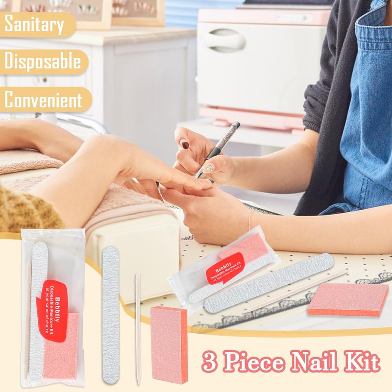 Disposable Manicure Kit Sets, 3 in 1 Nail Salon Manicure Set Professional, Nail File, Mini Buffer, Wood Stick, Individually Package for Salon Home (Count, 50, 80/100 Grit)