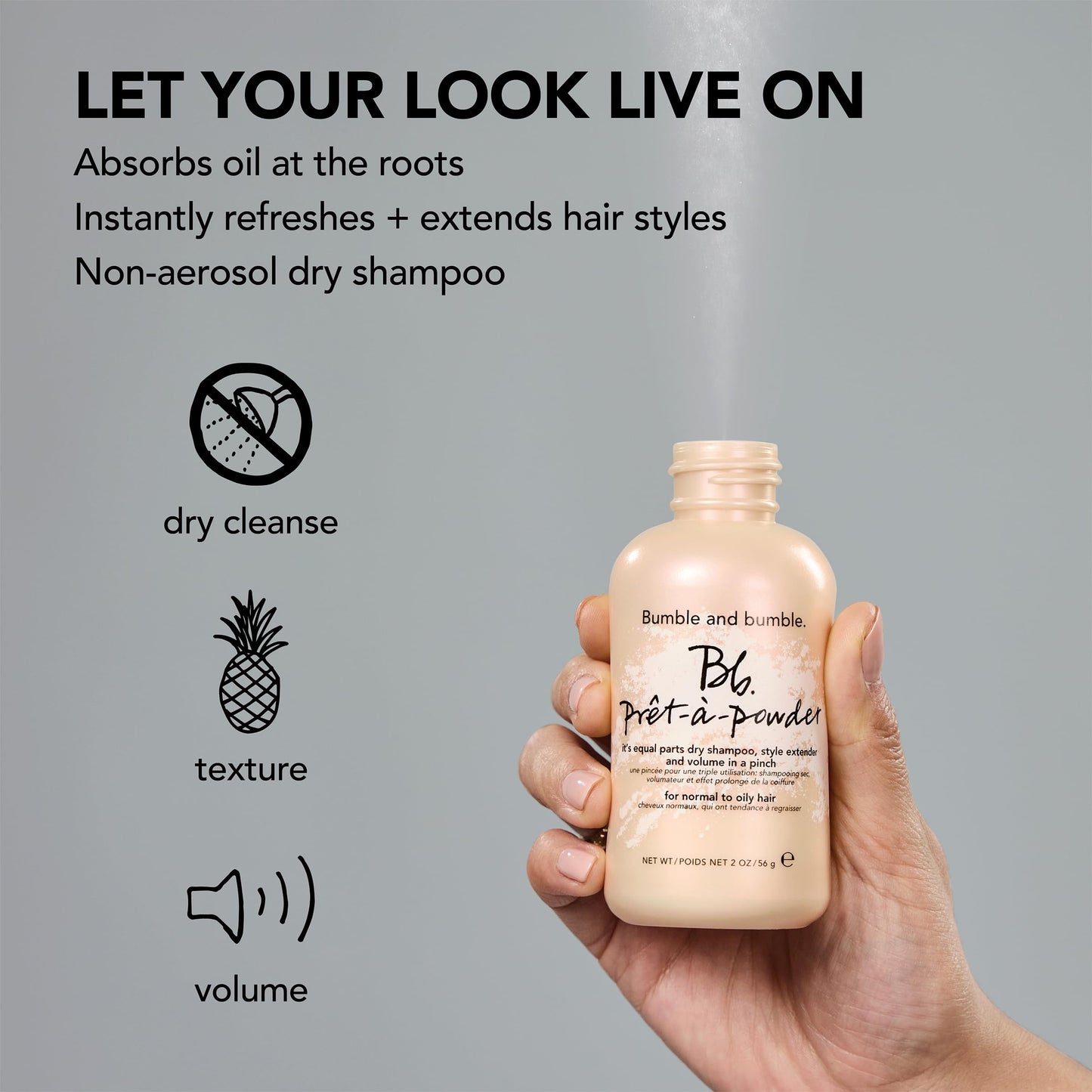 Bumble and bumble. Prêt-à-powder Dry Shampoo Powder | Adds Volume, Texture + Absorbs Oil | Non-Aerosol | For All Wavy + Straight Hair Types, 2 Ounce