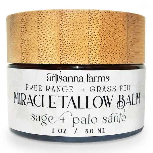 Artisanna Farms Miracle Tallow Balm - Hand-Crafted in the USA With Manuka Honey, Grass-Fed Tallow & Medicinal Plants for Healing & Nourishing All Skin Types (1 oz, Sage & Palo Santo)