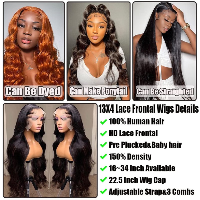 Lace Front Wigs Human Hair 13x4 HD Transparent Pre Plucked with Baby Hair Bleached Knots 150 Density Glueless Human Hair Wigs for Black Women 1B# Natural Color 20 inch