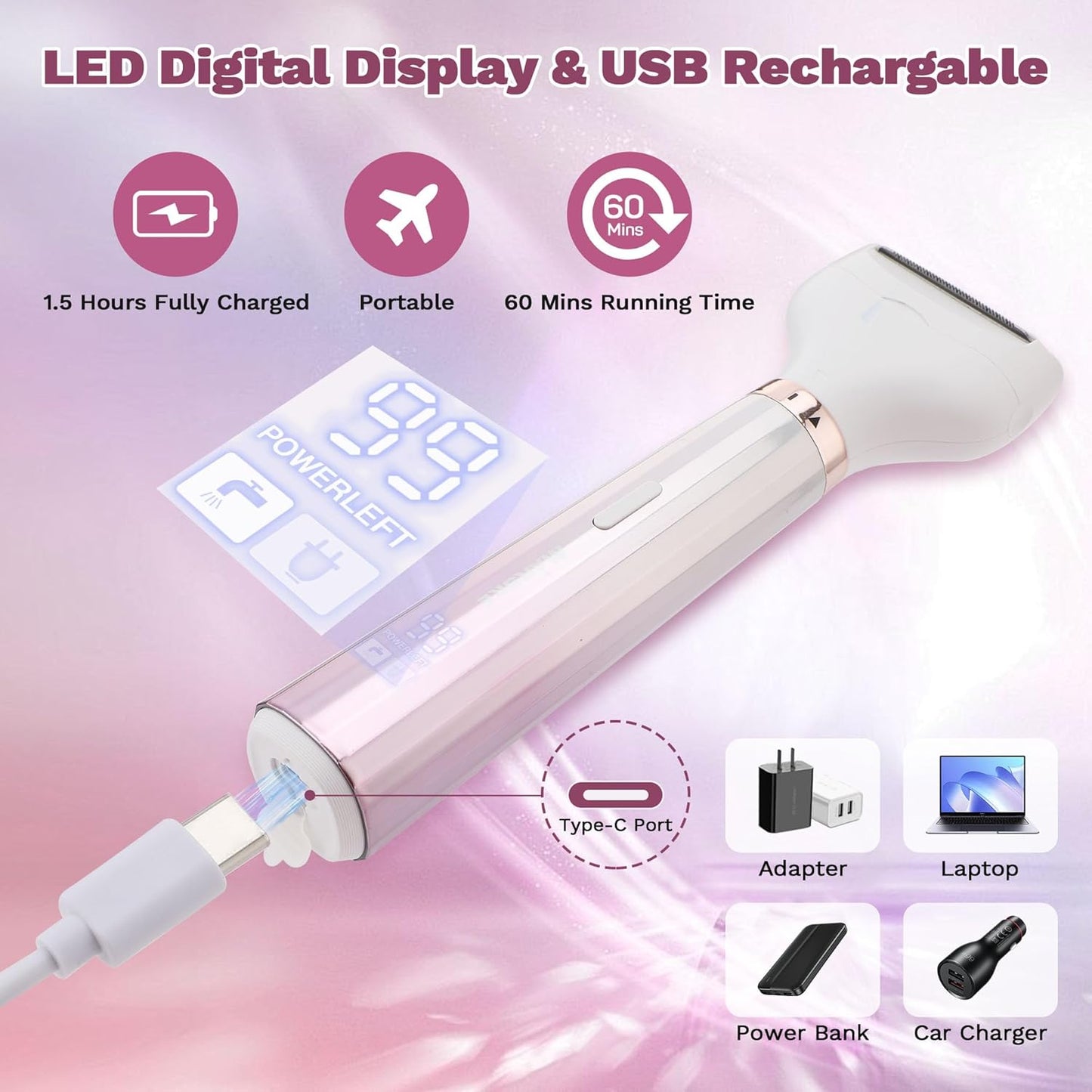 Electric Razors for Women - 5-in-1 Bikini Trimmer & Wet/Dry Shaver | Face, Nose, Eyebrow, Arms, Legs, Pubic Area Hair Removal