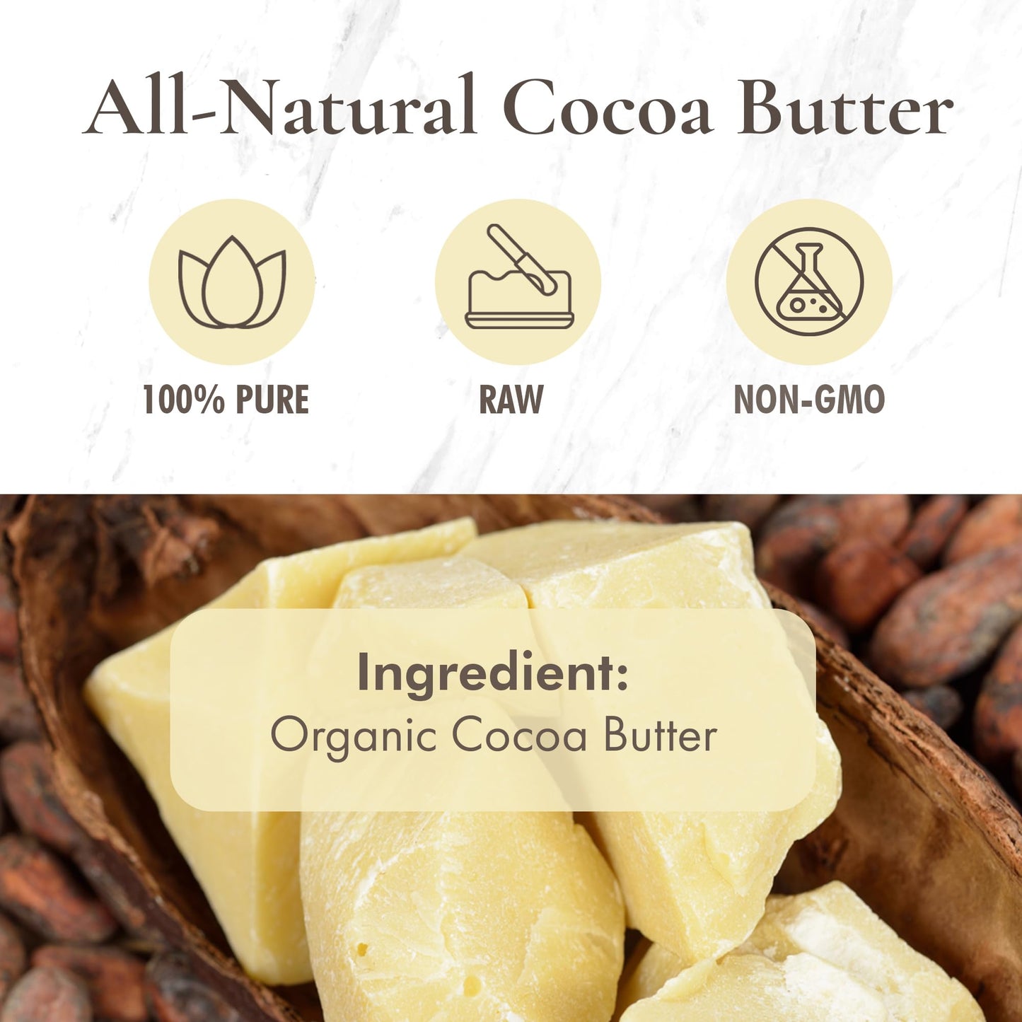 Cocoa (Cacao Butter) Butter, Pure, Raw, Unprocessed. Incredible Quality and Scent. Use for Lotion, Cream, Lip Balm or Body Butter. NON-GMO, Vegan - 1 lb By SaaQin®
