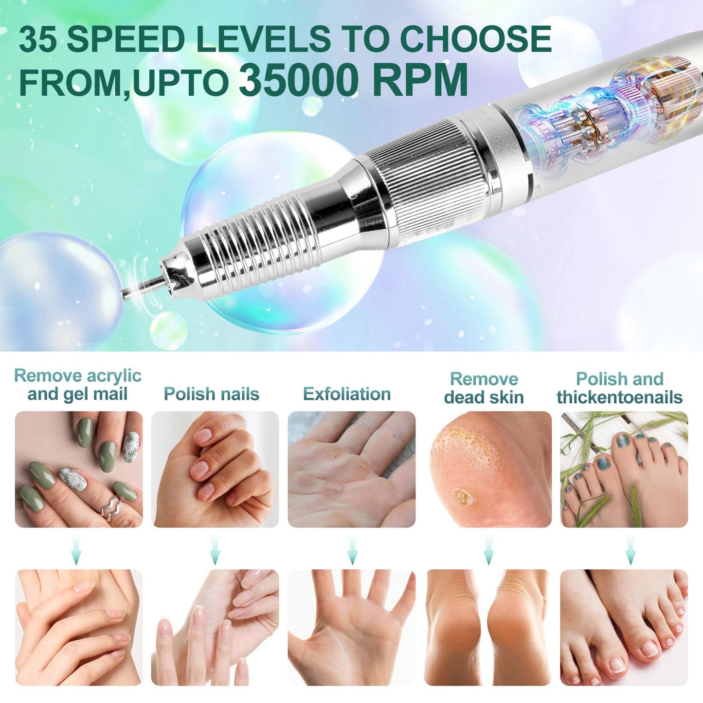 LIMEGIRL Electric File Nail Drill Professional 35000RPM Green Nail File with Rechargeable Base & Bits Nail Drill Bit Nail Files and Buffers for Acrylic Nail Remove Nail Tech Must Haves for Salon Home