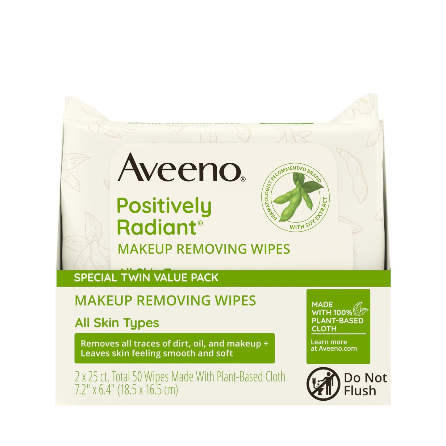 Aveeno Positively Radiant Makeup Remover Wipes, Oil Free, Alcohol Free, Non-Comedogenic Facial Cleansing Wipes, Gentle Face Wipes for Sensitive Skin, Travel Makeup Wipes, Twin Pack, 2 x 25 Ct