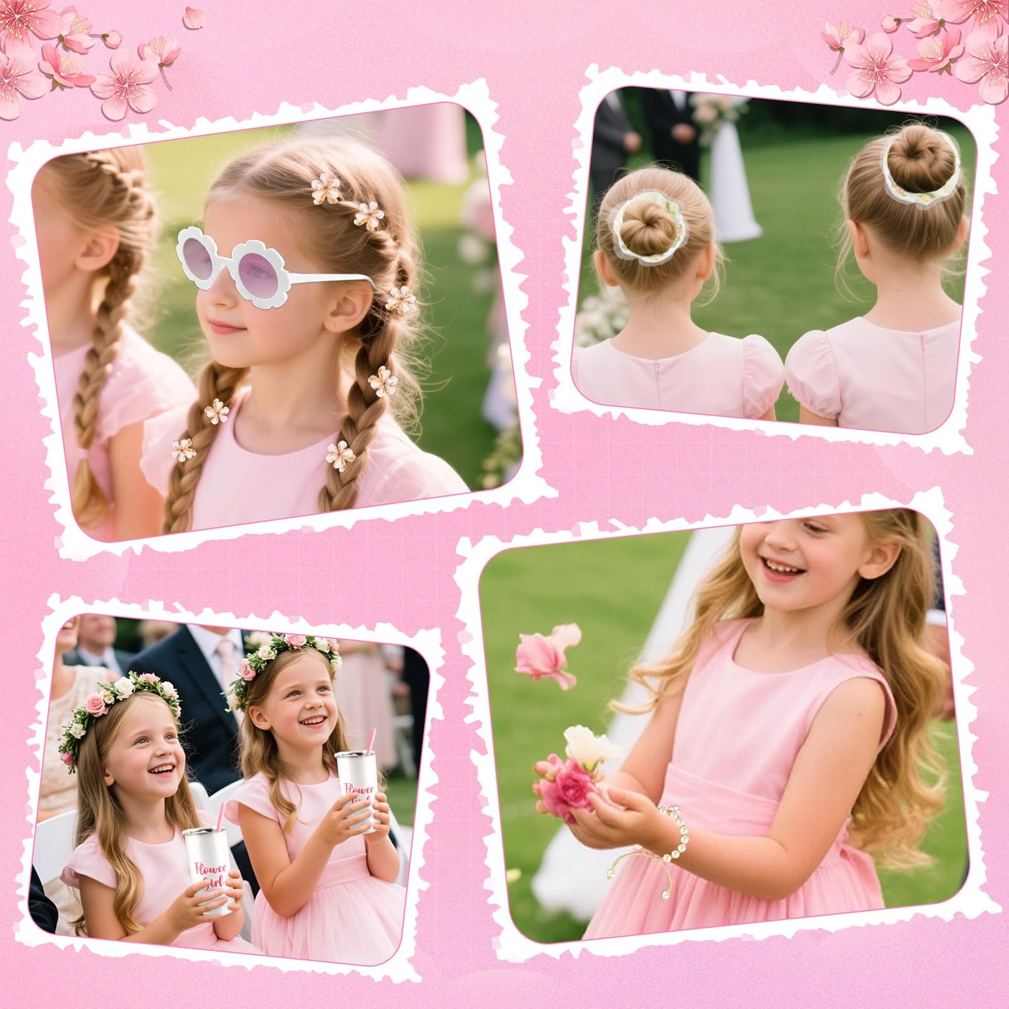 40pcs Flower Girl Proposal Gifts Set of 2, White 12oz Tumbler Sunglasses Pearl Bracelet Diamond Pen Hair Ties Flower Girl Sets for Little