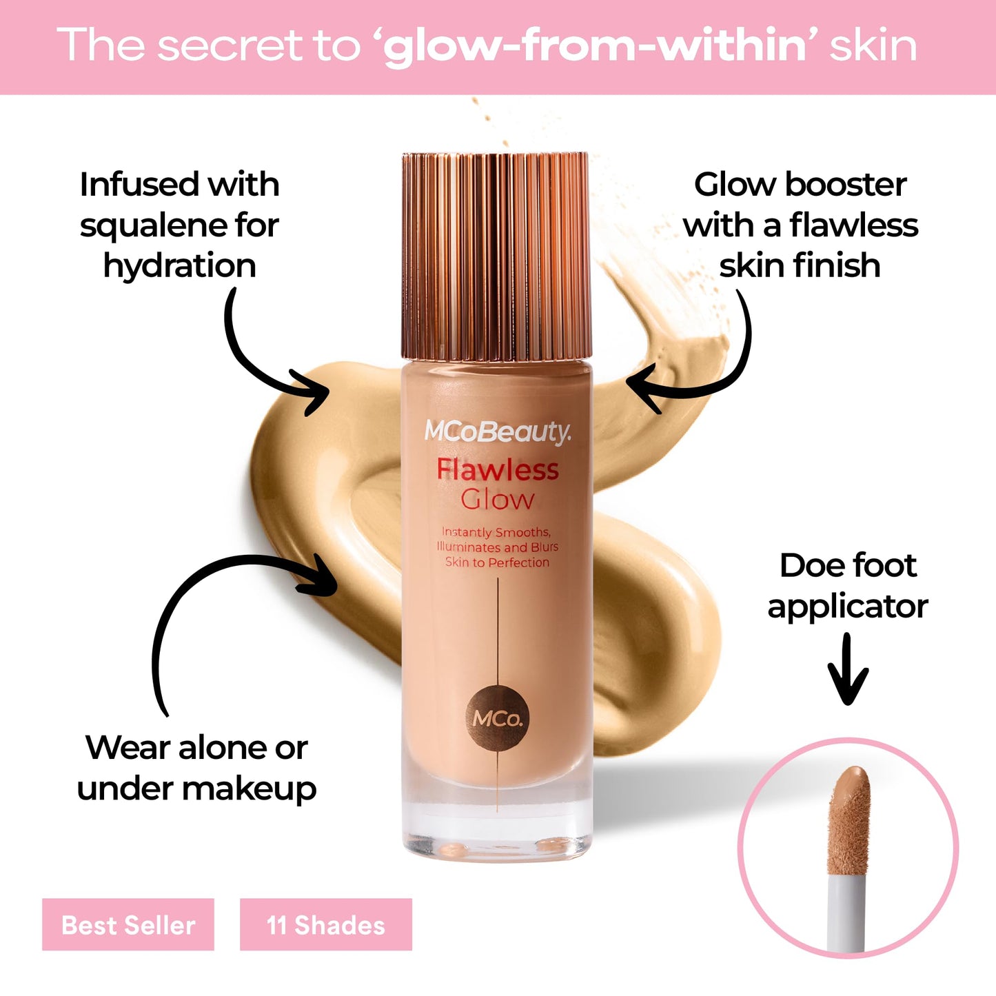 MCoBeauty Flawless Glow Luminous Skin Filter - 3.5 Light Medium - 4-in-1 Primer, Highlighter & Foundation Booster - Dewy Illuminating Tint Face Makeup with Squalane Vitamin E - Vegan & Cruelty Free