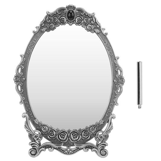 TOPINCN Vintage Oval Floral Embossed Retro Desktop Makeup Mirror with Stand, Clear Image, Zinc Alloy Frame, Wall Mount, Antique Pewter Mirror, 1 Count