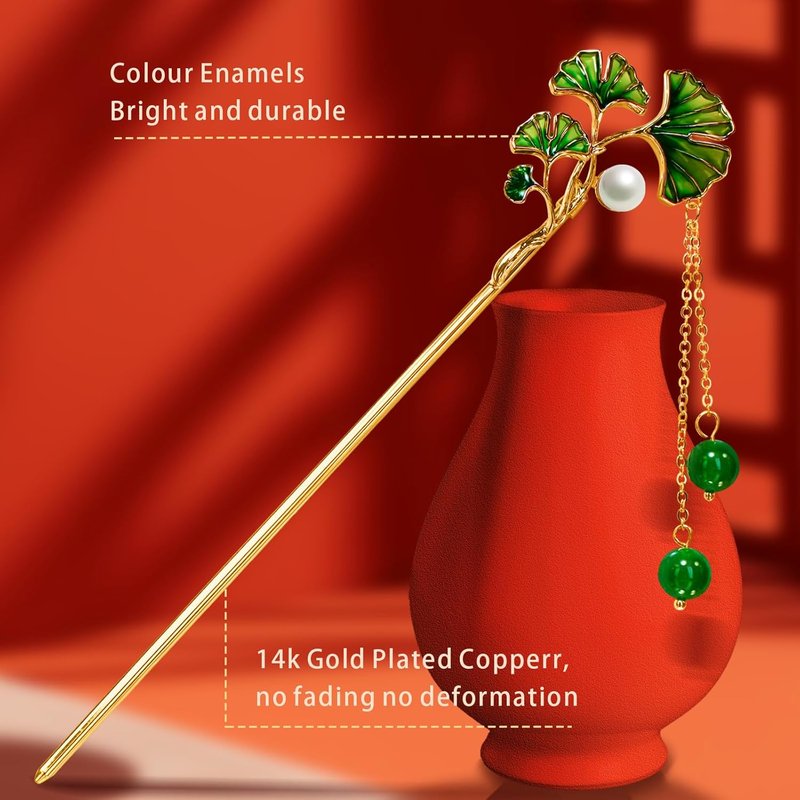 Vintage Ginkgo Leaf Hair Stick - 14k Gold Plated Copper with Enamel & Jade Beads | 6.69-Inch Hair Clip for Women