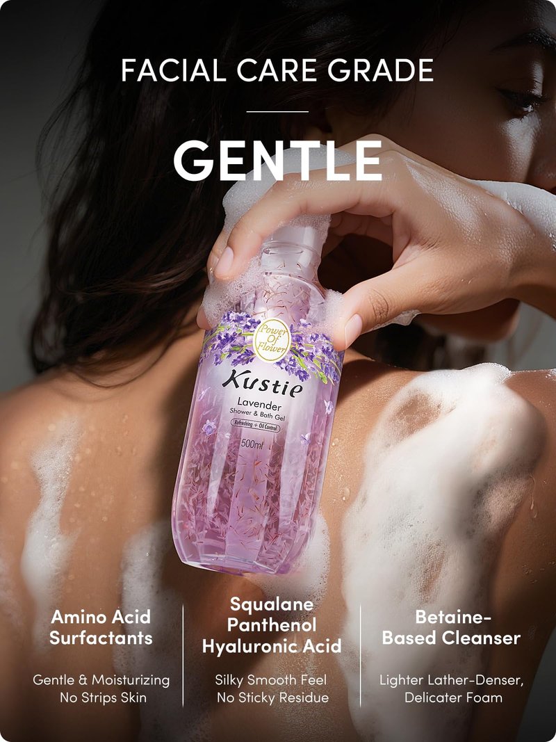 Kustie Rose Floral Body Wash with Real Petals – Botanical Shower Gel with Rose Water & Rose Oil, Luxury Spa Gentle Cleanser for Soft Silky Skin, 12.8 fl oz