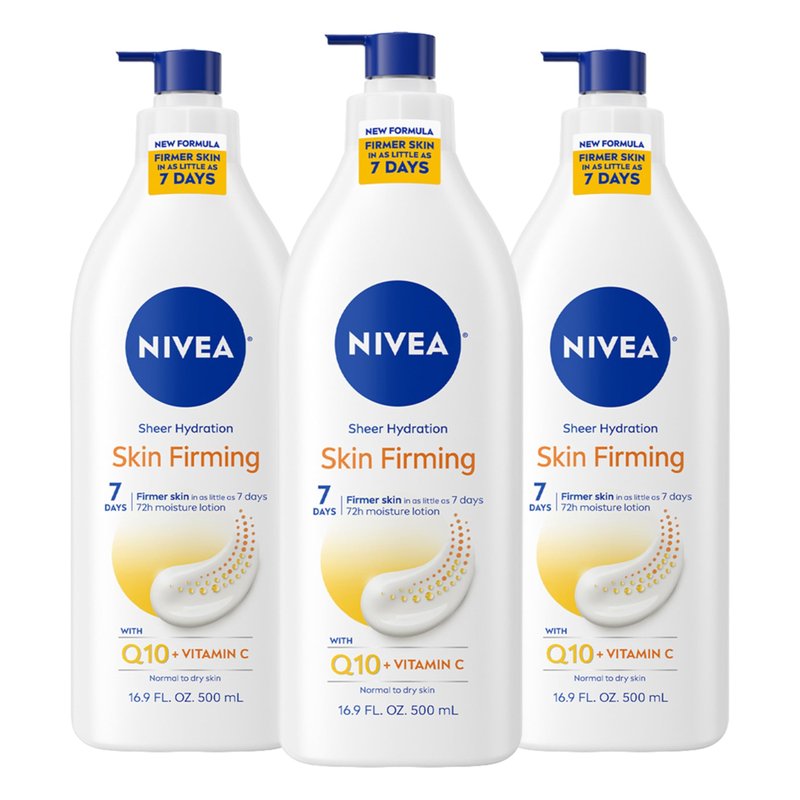 NIVEA Sheer Hydration Skin Firming Body Lotion with Q10 and Vitamin C, 72-Hour Body Moisturizer for Normal to Dry Skin, 16.9 Fl Oz Pump Bottle, Pack of 3