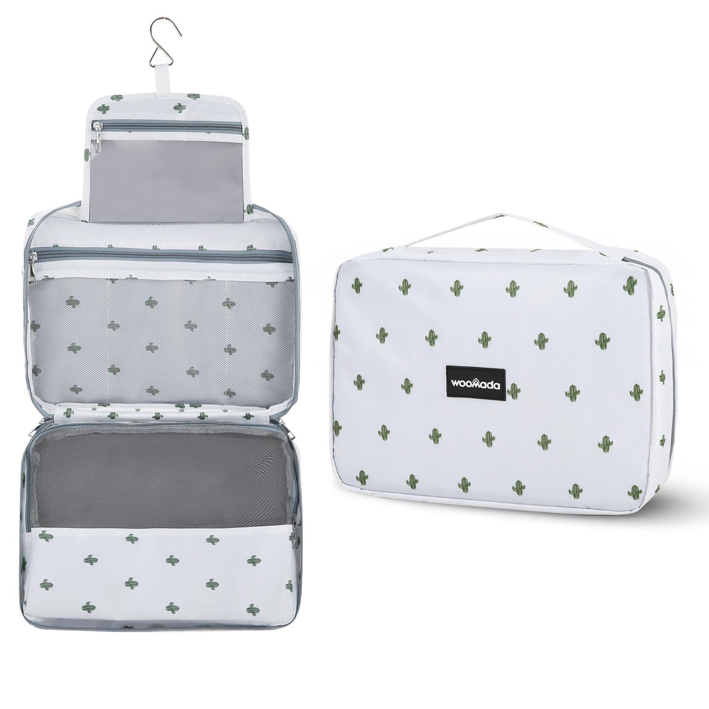 WOOMADA Toiletry Bag with Hanging Hook, Travel Toiletry Bag, Travel Makeup Bag, Cosmetic Organizer for Brushes Set, Shampoo, Full Sized Container for Women (cactus)