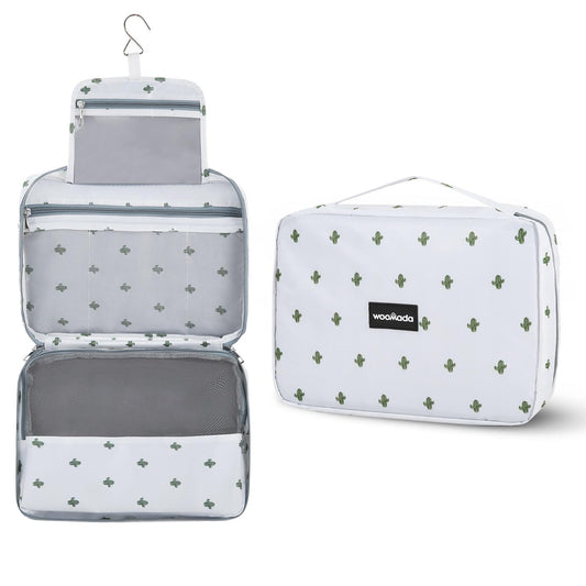 WOOMADA Toiletry Bag with Hanging Hook, Travel Toiletry Bag, Travel Makeup Bag, Cosmetic Organizer for Brushes Set, Shampoo, Full Sized Container for Women (cactus)