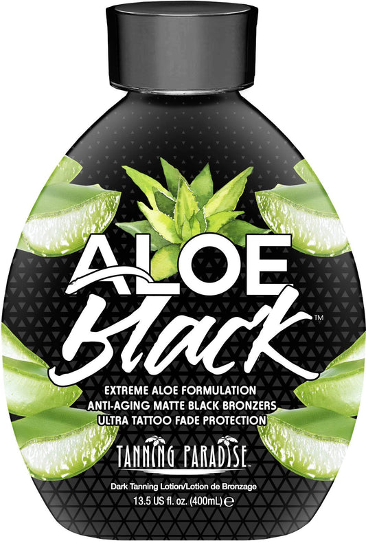 Tanning Paradise Aloe Black Lotion – Anti-Aging Matte Black Bronzer, Anti-Orange, Tattoo & Color Fade Protection, Deep Hydration, Matte Blackest Bronzer, Aloe Vera 13.5 oz