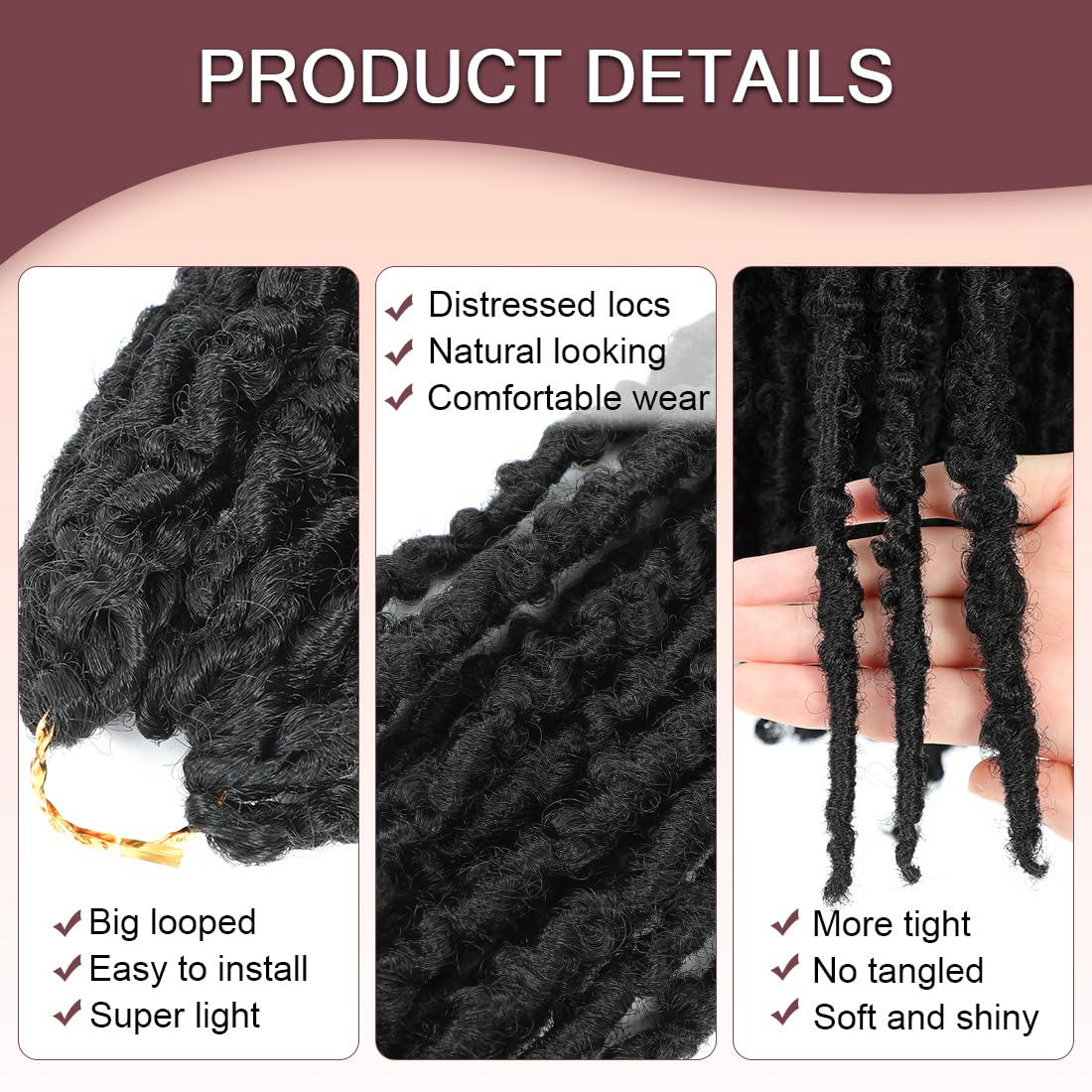 GetGal 24 inch Butterfly Locs Crochet Hair Pre Looped Distressed Faux Locs Crochet Hair for Black Women 6 Packs Butterfly Soft Locs Natural Hair Extension(24inch,1B)