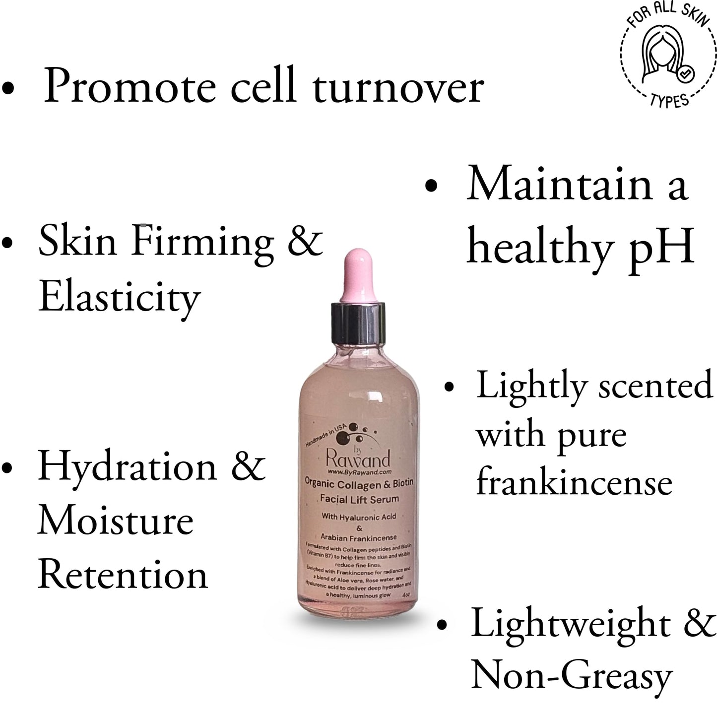 Collagen & Biotin Face Serum – 4oz Organic Handmade Facial Lift with Hyaluronic Acid, Rose Water, Peptides & Frankincense - Oil Free overnight hydration