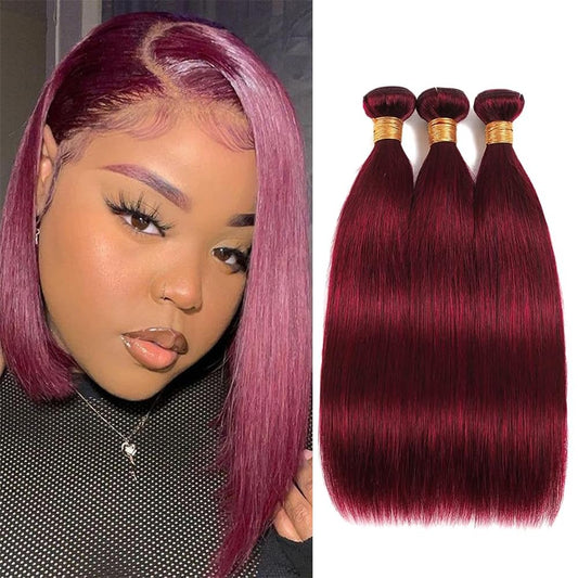 Straight Human Hair Bundles 14 16 18 Inch #99J Burgundy Bundles Human Hair Wine Red 12A Unprocessed Native Virgin Hair 50G Per Bundle 3 Extensions Wet and Wavy Weave for Women
