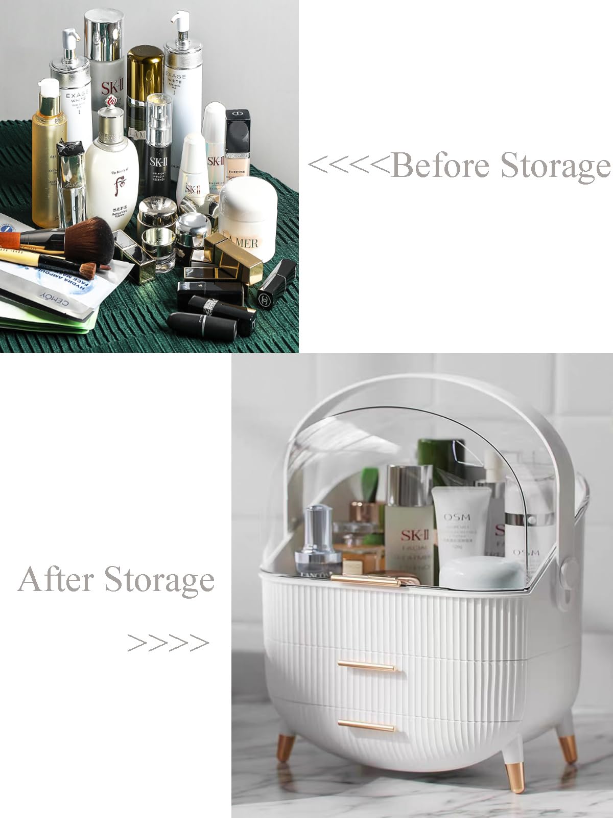 Makeup Storage Organizer for countertop，Cosmetics Display Case with 2-Layer Storage Box and Transparent Cover, Keep Bedroom Vanity Organizer Clea, Milky white