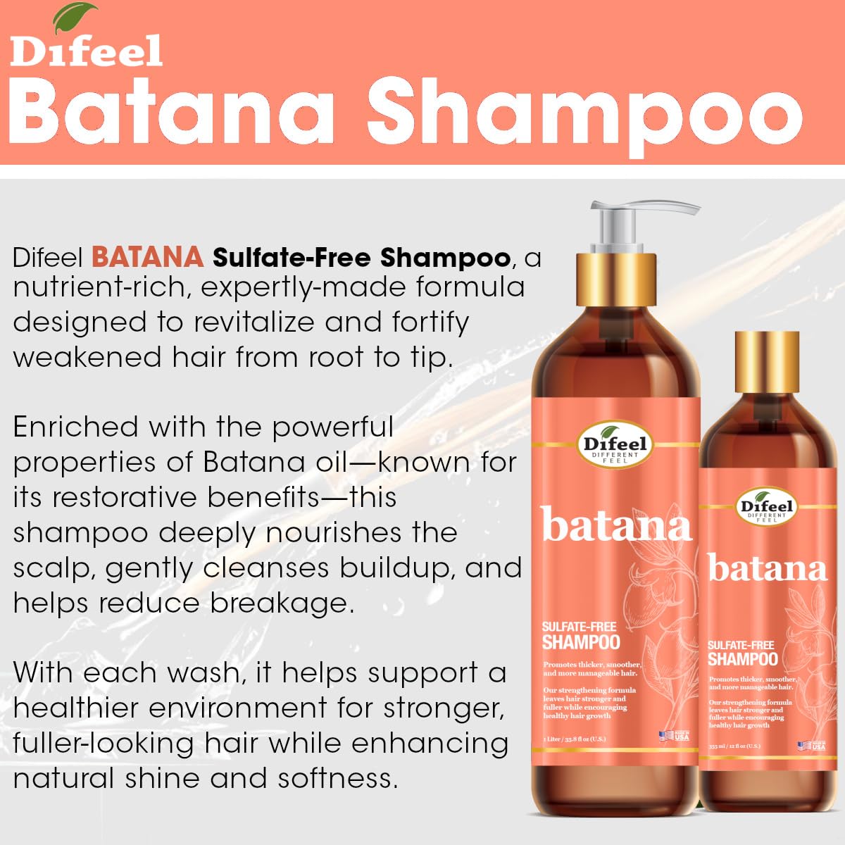 Difeel Batana Shampoo - Strengthening Sulfate-Free Formula for Thicker, Smoother Hair | 12 Ounces