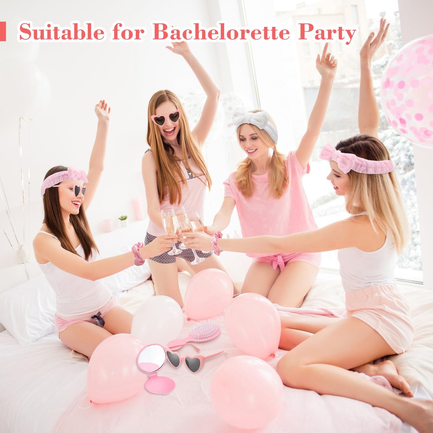 Reallnaive 72 Pcs Spa Sleepover Party Supplies Bachelorette Party Accessories Including Hair Brush Heart-shaped Glasses Mirrors Spa Headband Hair Ties for Bridesmaid Gift Sleepover Favor(Pink)