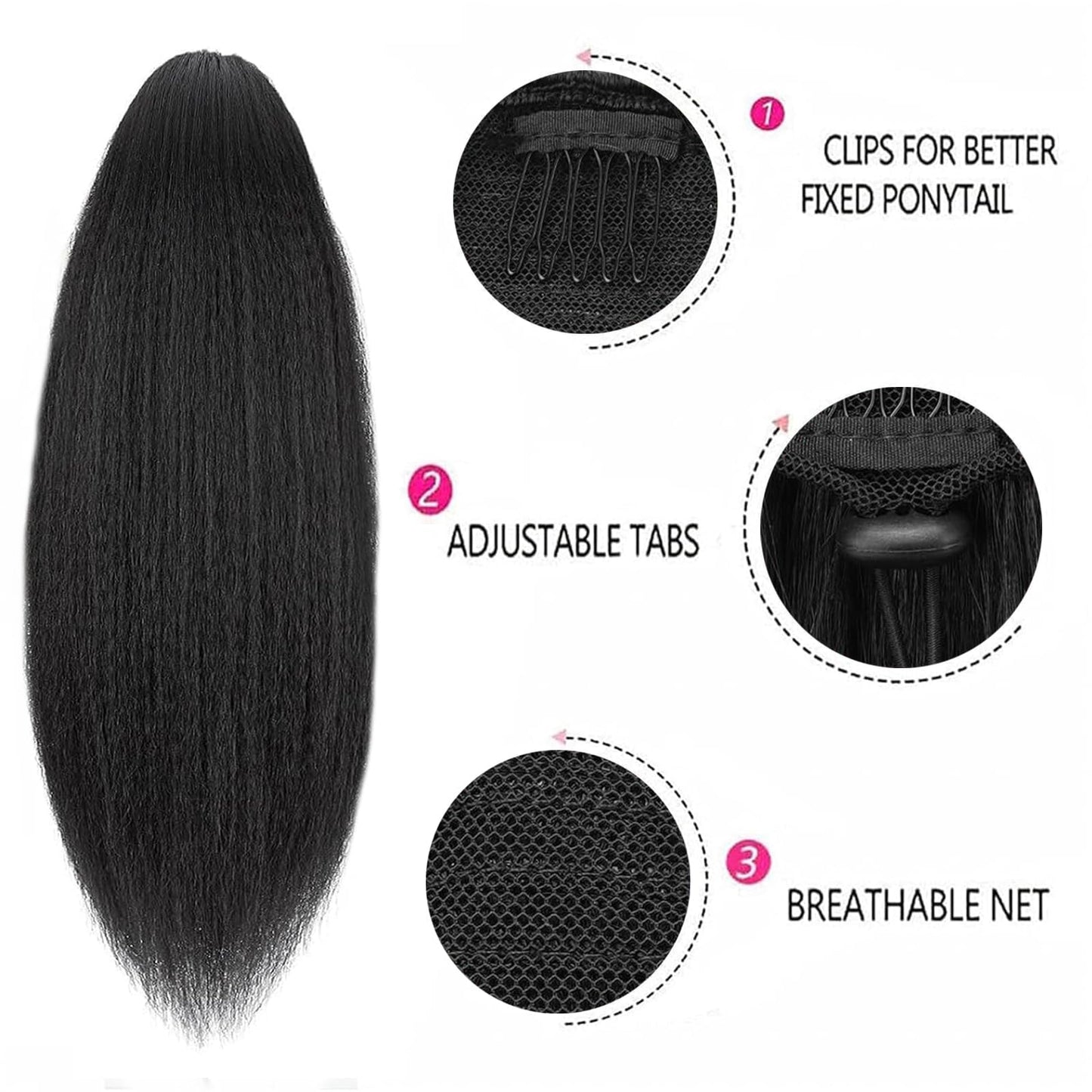Yaki Straight Ponytail Extension, Wrap Around Ponytail Extension for Black Women, Yaki Human Hair Extension, Natural Black (Drawstring ponytail, 24 inch)