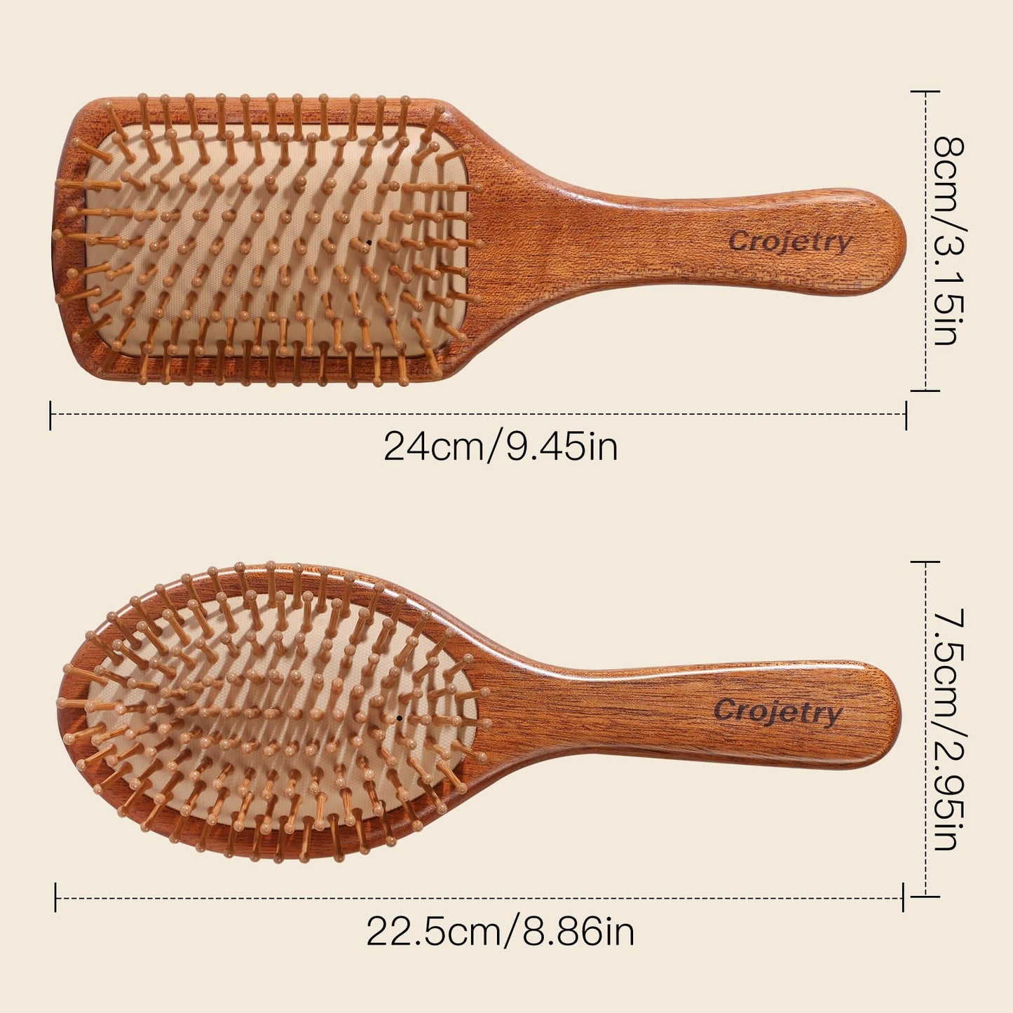 2-Piece Bamboo Hair Brush Set for Hair Growth (Oval & Square) - Natural Wooden Scalp Massage Brush with Bamboo Bristles,Detangling Hairbrush for Women,Men,All Hair Types - Ergonomic Handle