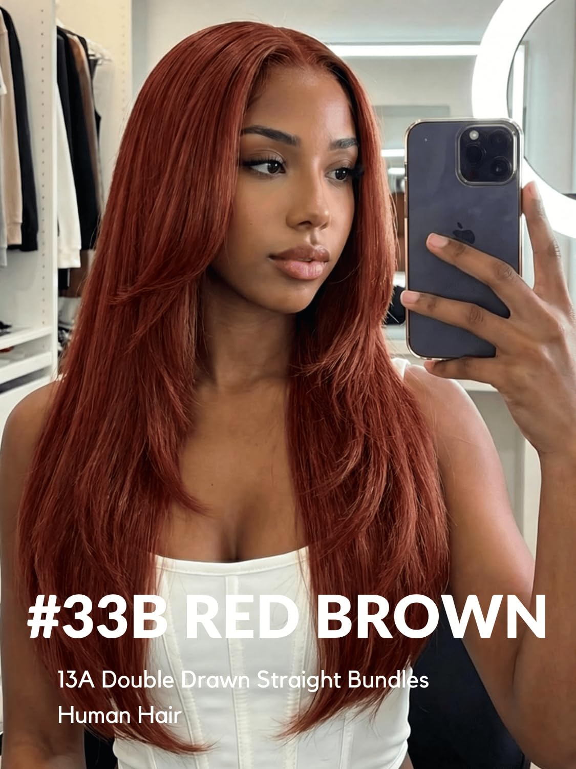 HERMOUS 13A Double Drawn Reddish Brown Bundles Straight Human Hair, 100% Real Raw Human Hair Full and Thick #33B Copper Red Auburn Brown Colored Single Bundles for Quick Weave Sew In 12 Inch