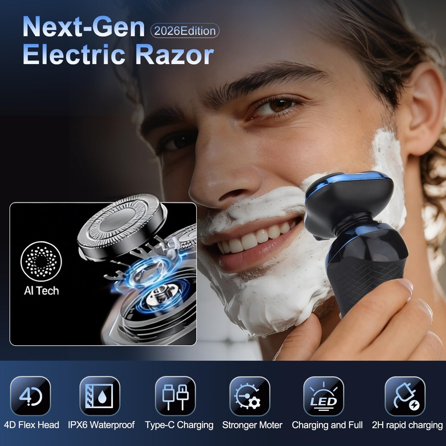 Electric Razor for Men, Cordless Rotary Electric Shaver, Rechargeable Wet & Dry Waterproof Floating Head Shaver, 4D Dual-Ring Face Shaving Grooming Tool, Travel Shaving Kit, Ideal Gift for Men