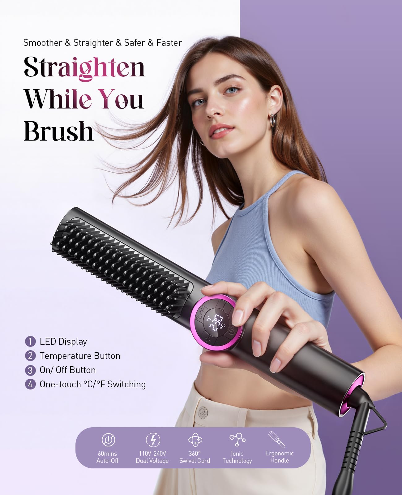 JolinKoin Hair Straightener Brush: Ionic Hair Straighteners for Women with 15 Temps, Straightening Brush Fast Heating with LED Display & Dual Voltage