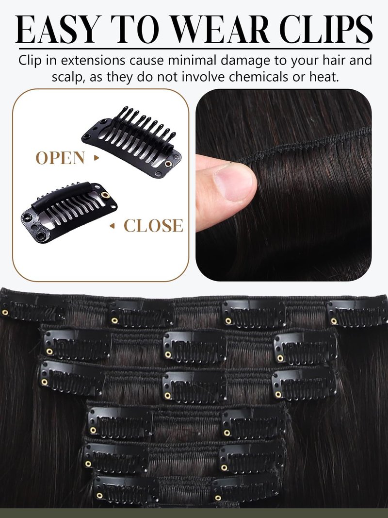 Black Clip-In Hair Extensions - 7 Pcs 120g Jet Black Straight Human Hair | Easy Double Weft Design