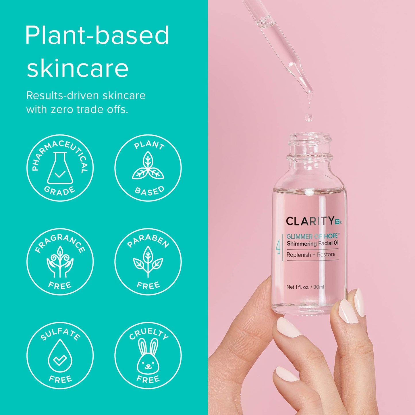 ClarityRx Glimmer of Hope Shimmering Restorative Face Oil, Natural Plant-Based Moisturizing Facial Treatment with Coconut, Rose & Jojoba for Dry & Aging Skin (1 fl oz)
