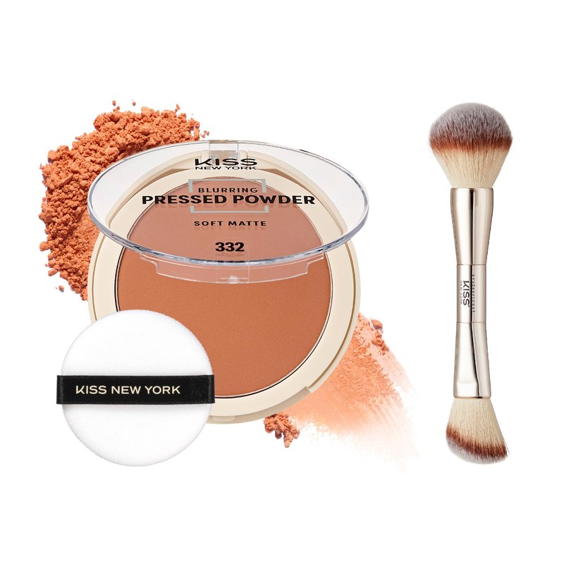 KISS NEW YORK Soft Matte Pressed Powder (Warm Honey) with Dual Ended Powder Brush Set, Blurring Poreless Face Powder Makeup, Medium Coverage Setting Powder Infused with Salicylic Acid & Niacinamide