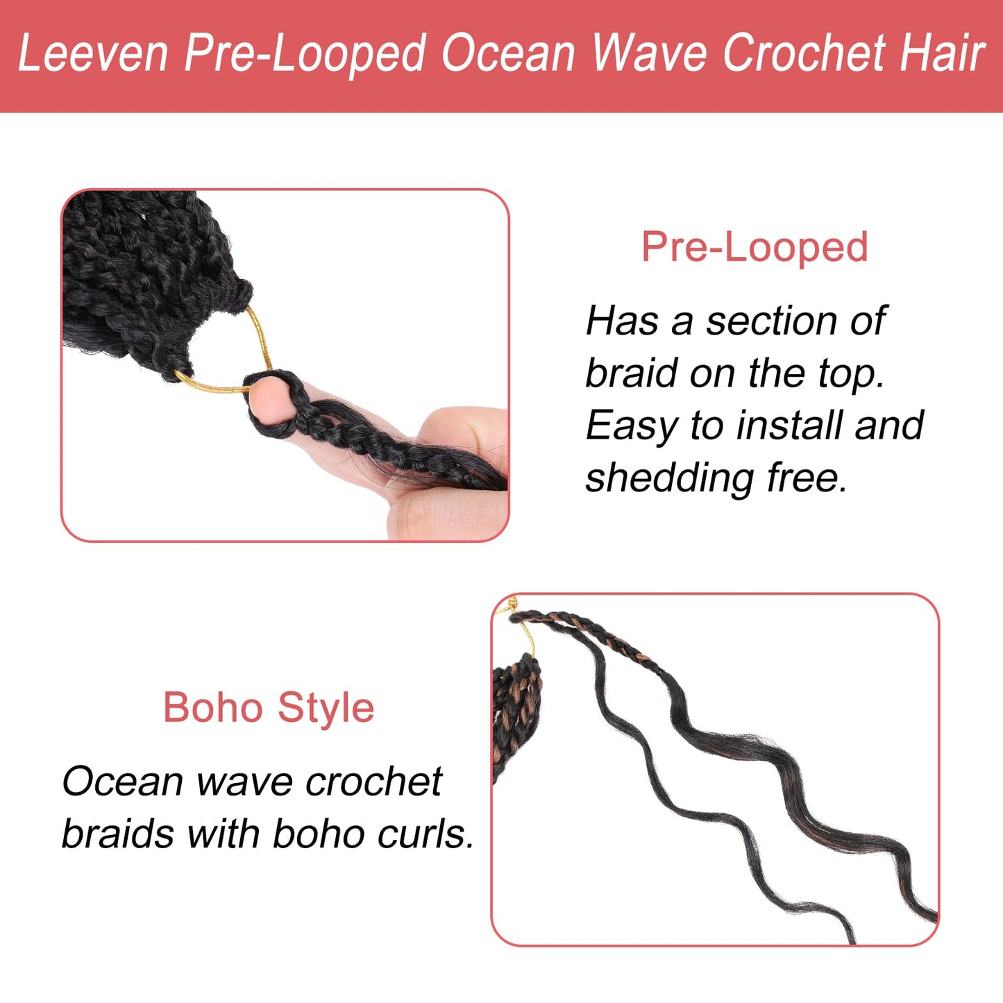 Leeven 14 Inch Pre Looped Ocean Wave Crochet Hair 8 Packs Black Short Curly Crochet Hair Boho Ocean Braids Pre Twisted Synthetic Deep Wavy Crochet Braids for Women