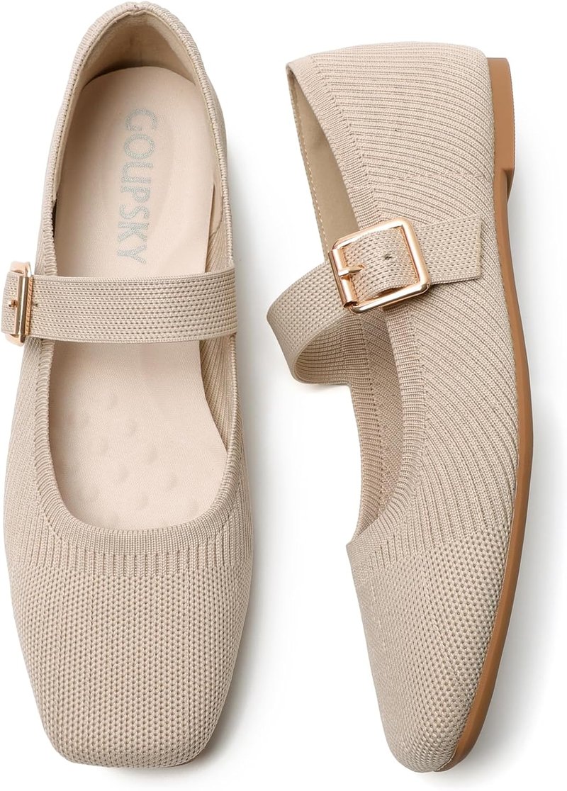 Knit Flats for Women - Square Toe Slip-On Casual Ballet Shoes | Adjustable Strap, Soft & Foldable Mary Jane Design