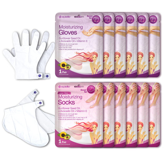 Epielle Moisturizing Hand & Foot Masks, Soften Dry Skin with Sunflower Seed Oil & Vitamin E, Self Care Gifts for Women, Spa Kit, 6 Moisturizing Gloves & 6 Moisturizing Socks