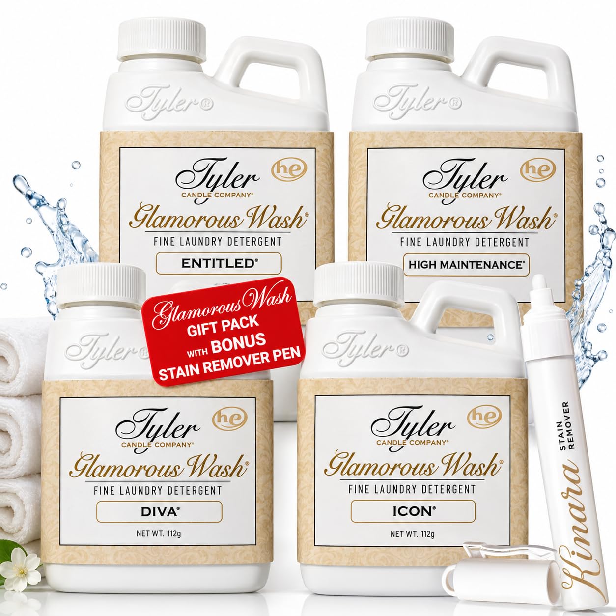 Kinara Tyler Glamorous Wash Liquid Laundry Detergent Gift Pack - Olivi Stain Remover Pen, For Washing Clothes, Linen, Lingerie, Expensive Fabric, Sheets - Pack of 4-4 fl oz each
