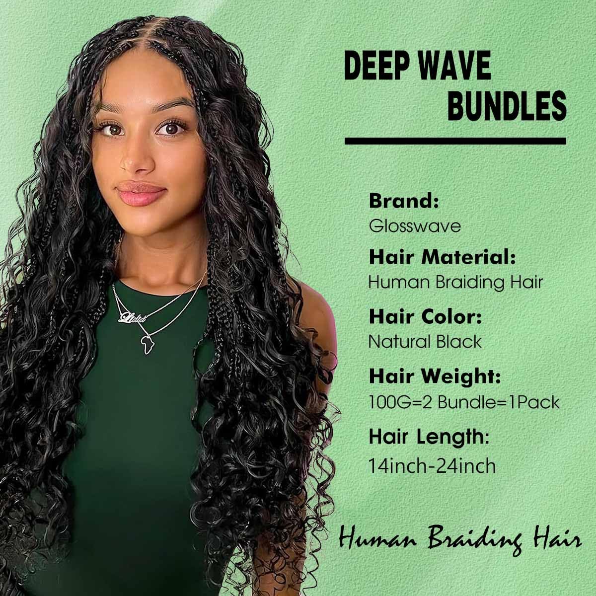 Human Hair Braiding Extensions - 18 Inch Deep Wave Boho Braids | 2 Bundles, 100g, No Weft, Natural Color