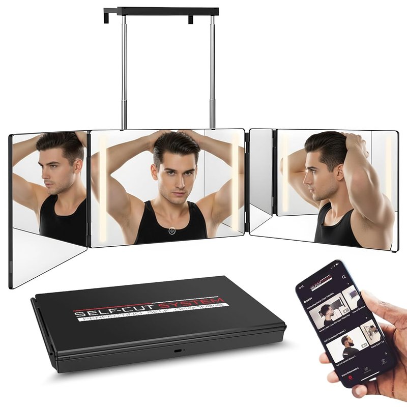 Self-Cut System 3-Way Mirror with LED Lights - 360° Trifold Design for Men & Women | Impact-Resistant, Fits Standard Door, 14” L x 1” W - Black